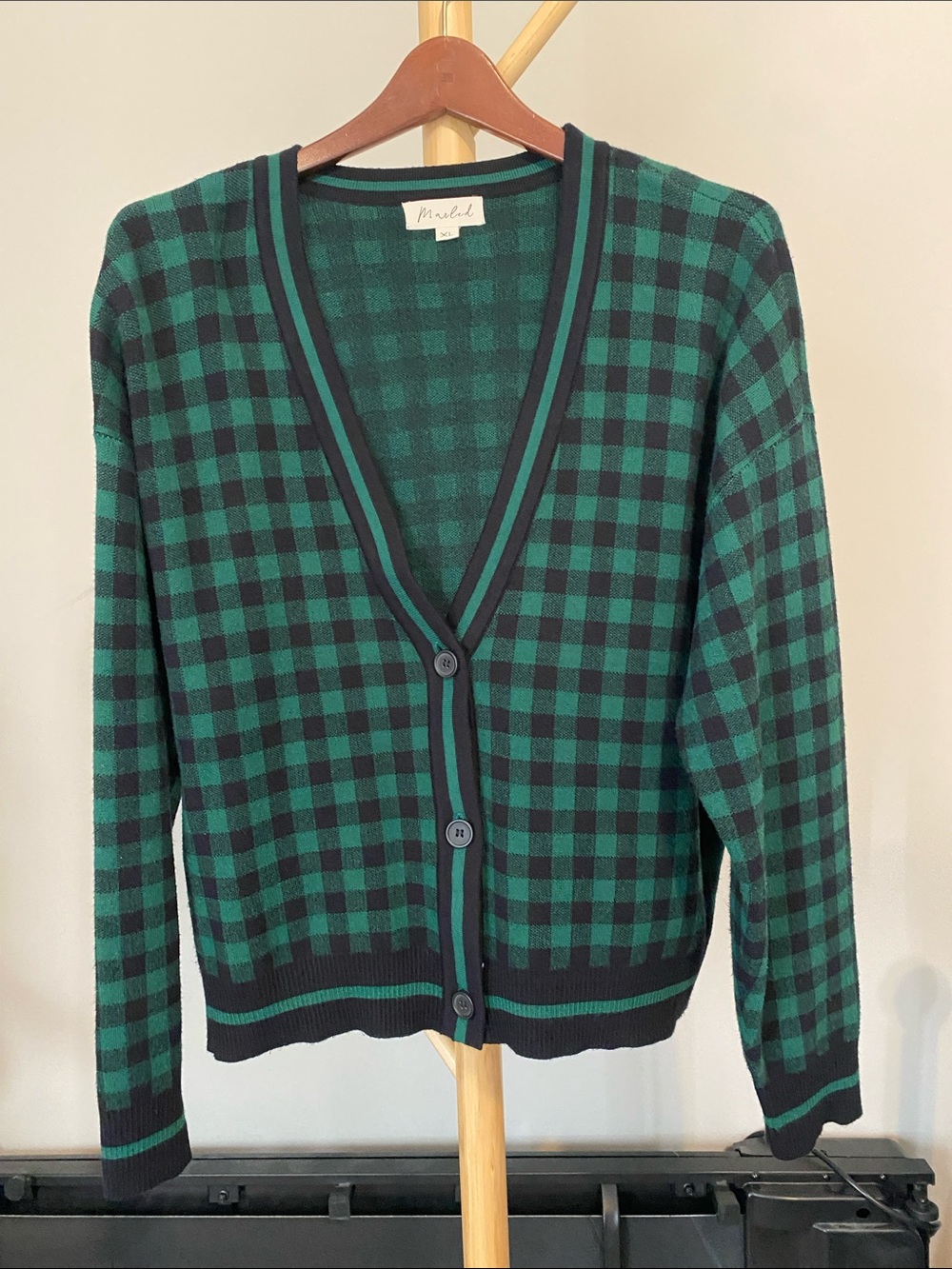Marled Green and Black Check V-Neck Cardigan